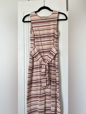 LOFT Striped Tie-Front Midi Dress in Cream and Brown